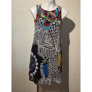 Desigual Sleeveless Beaded Neckline Tribal Print Shift Dress Black White Size 36